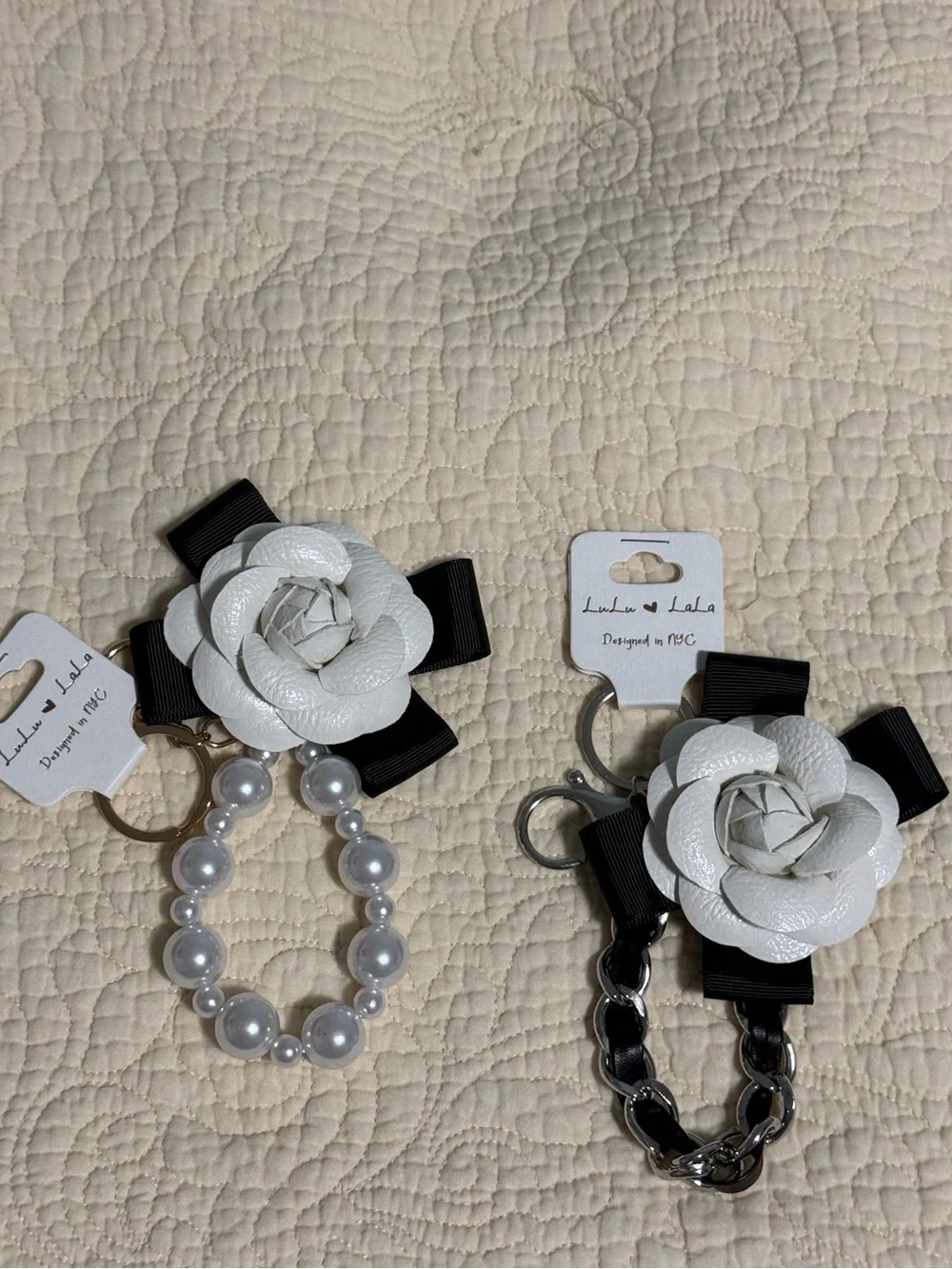 Bag charm/keychain White Flower w/ Pearl & black chain! You pick one!!! NWT